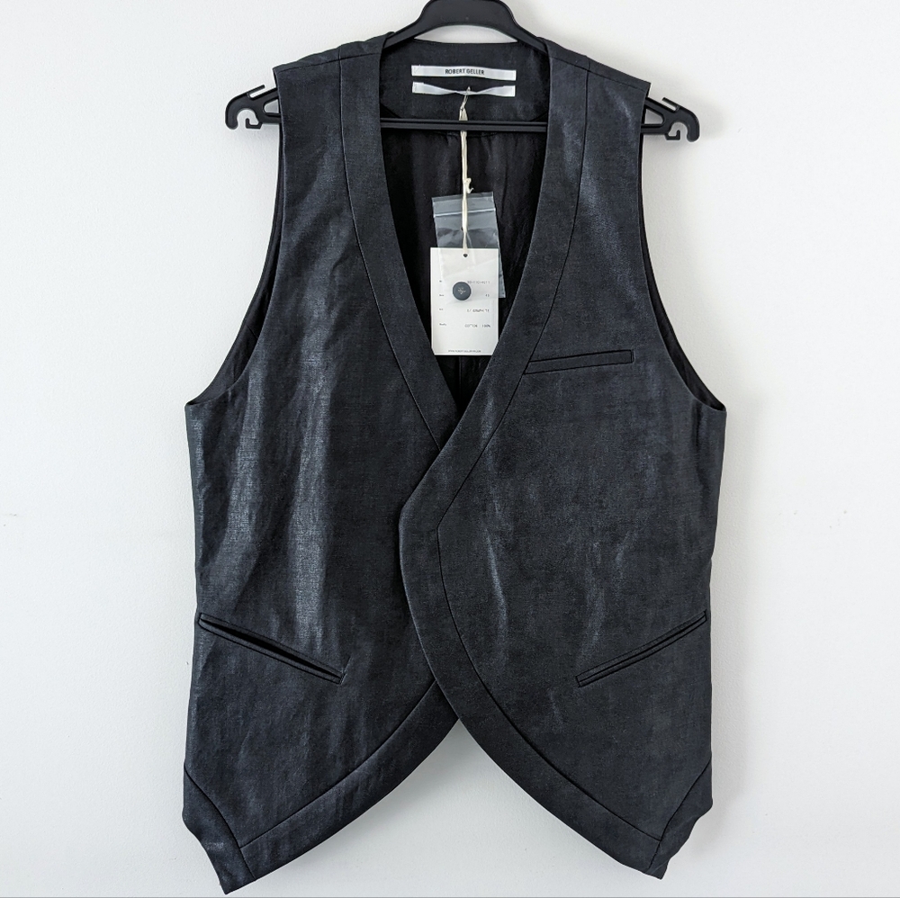 Robert Geller Black Coated Cotton Dress Vest Waxed Japan Men's Rafael 46 S